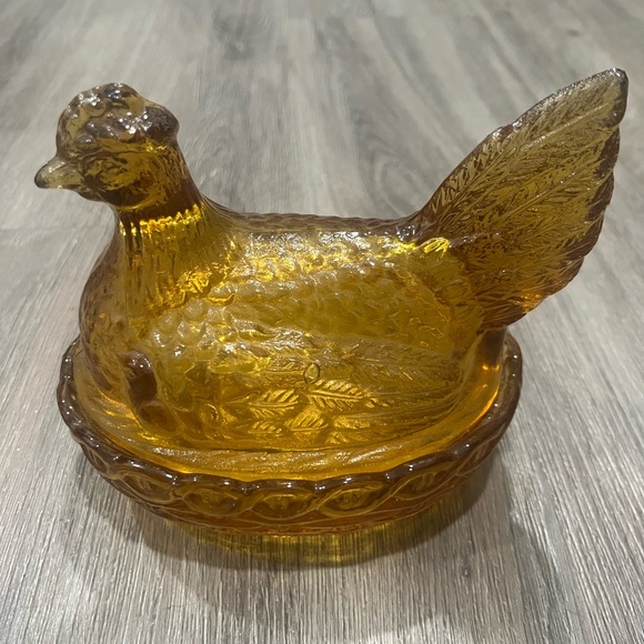 Other - Vintage Amber Glass Nesting Hen Chicken Dish L E Smith